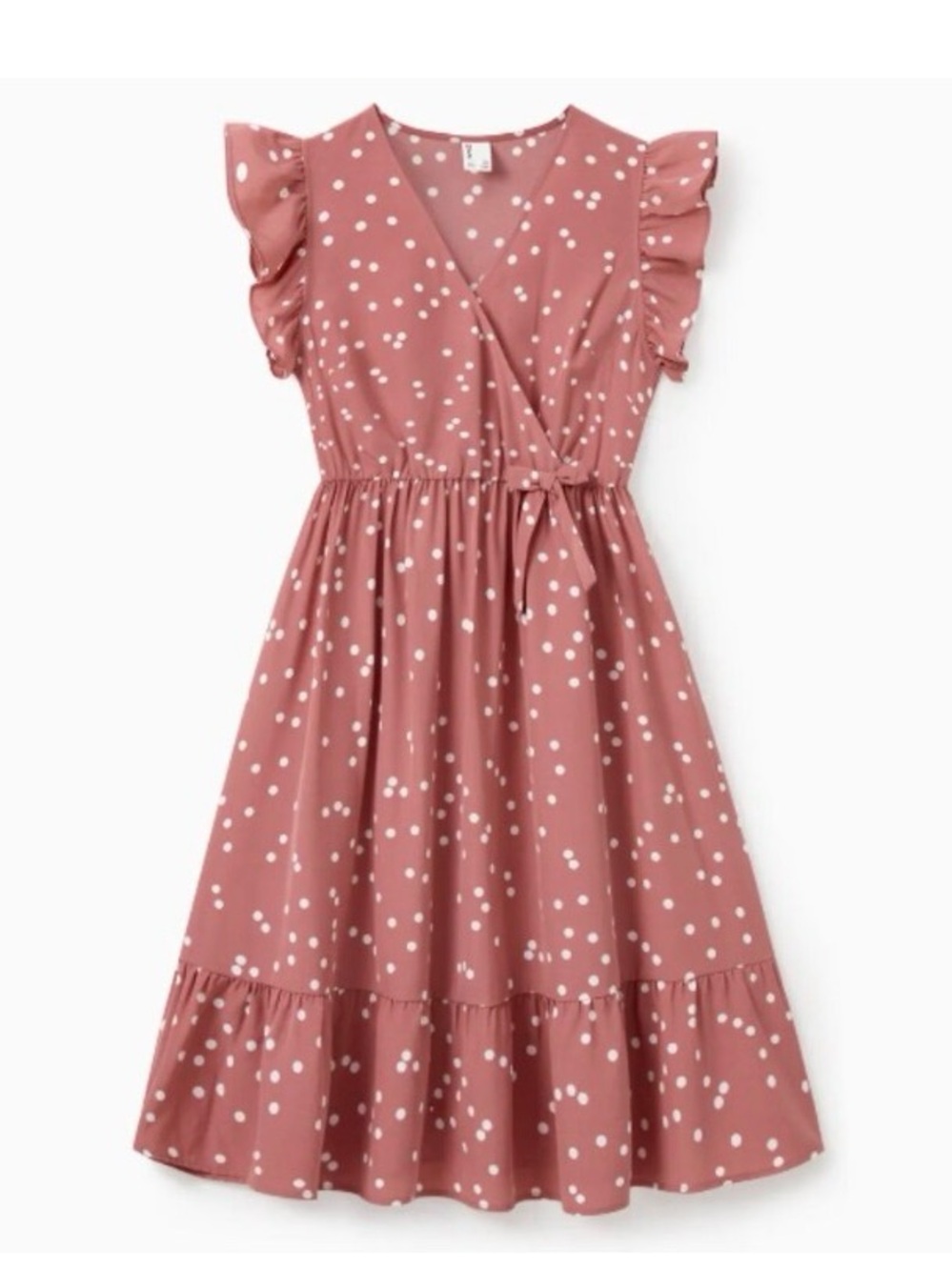 PATPAT Women All Over Dots Pink Cross Wrap V Neck Ruffle Flutter-sleeve Dress